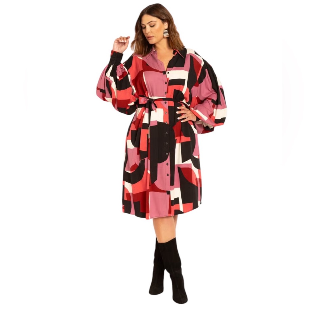 ELOQUII EXAGGERATED SLEEVE SHIRT DRESS GEO BLACK RED WHITE PRINT 20 - Picture 2 of 11